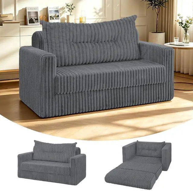 Main image of 41.3" Loveseat Boneless Couch, 4-in-1 Convertible Sofa Bed, Plush Fur Folding Futon Sofa Bed Couches with a Pillow for Living Room, High-Density Foam Support, No Assembly Required, Grey