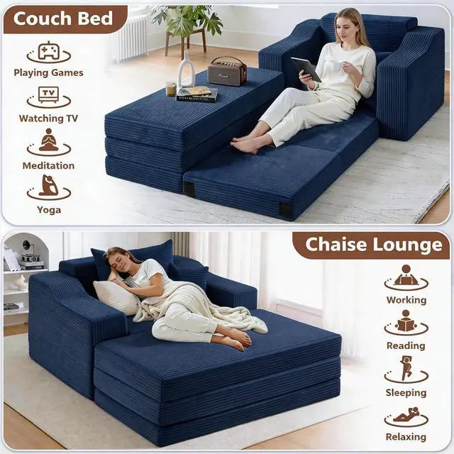 Alt view image 6 of 7 - 63.5" Oversized Chaise Lounge Chair Indoor, Convertible Boneless Sofa Bed with Ottoman, Comfy Cloud Couch with 3 Pillows, Corduroy Deep Seat Sleeper Chair for Living Room, No Assembly, Blue