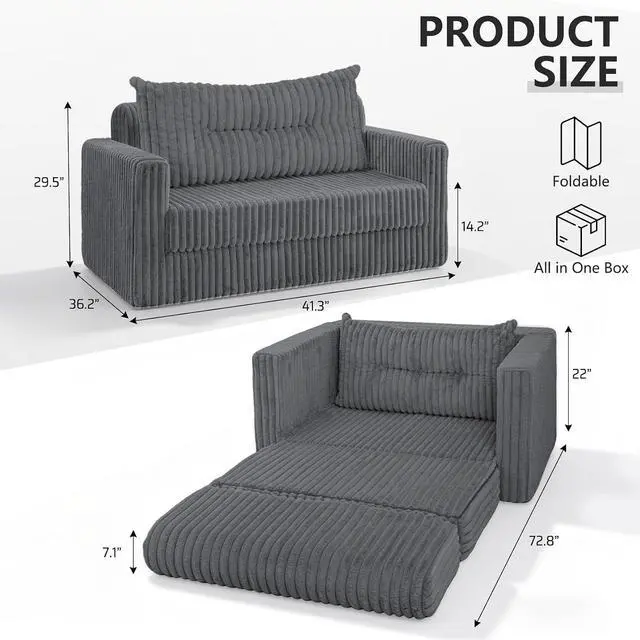 Alt view image 3 of 7 - 41.3" Loveseat Boneless Couch, 4-in-1 Convertible Sofa Bed, Plush Fur Folding Futon Sofa Bed Couches with a Pillow for Living Room, High-Density Foam Support, No Assembly Required, Grey
