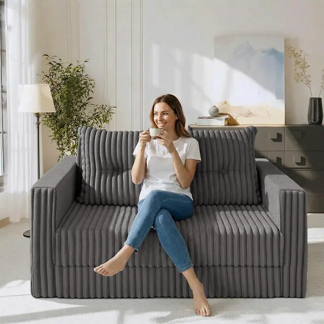 Alt view image 2 of 7 - 41.3" Loveseat Boneless Couch, 4-in-1 Convertible Sofa Bed, Plush Fur Folding Futon Sofa Bed Couches with a Pillow for Living Room, High-Density Foam Support, No Assembly Required, Grey