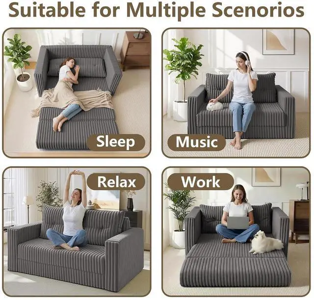 Alt view image 4 of 7 - 41.3" Loveseat Boneless Couch, 4-in-1 Convertible Sofa Bed, Plush Fur Folding Futon Sofa Bed Couches with a Pillow for Living Room, High-Density Foam Support, No Assembly Required, Grey