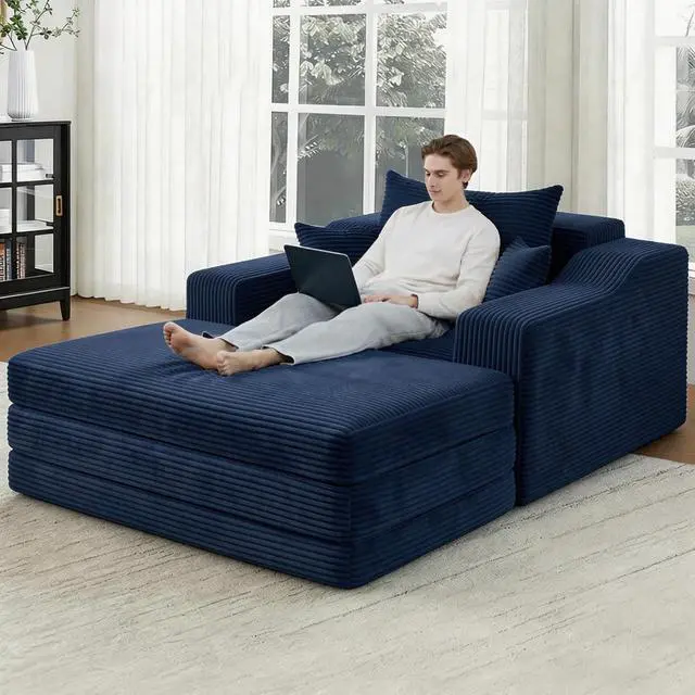 Alt view image 2 of 7 - 63.5" Oversized Chaise Lounge Chair Indoor, Convertible Boneless Sofa Bed with Ottoman, Comfy Cloud Couch with 3 Pillows, Corduroy Deep Seat Sleeper Chair for Living Room, No Assembly, Blue