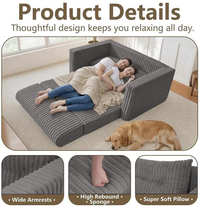 Alt view image 6 of 7 - 41.3" Loveseat Boneless Couch, 4-in-1 Convertible Sofa Bed, Plush Fur Folding Futon Sofa Bed Couches with a Pillow for Living Room, High-Density Foam Support, No Assembly Required, Grey
