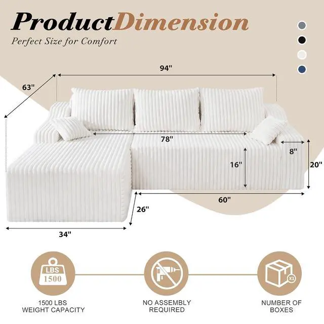 Alt view image 2 of 7 - 94" L-Shape Modular Sectional Sofa Couch for Living Room, No Assembly Required, Boneless Couch with Deep Seat for Living Room Bedroom, No Assembly Required (Beige,Left)