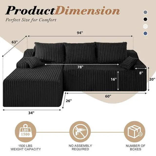 Alt view image 2 of 7 - 94" L-Shape Modular Sectional Sofa Couch for Living Room, No Assembly Required, Boneless Couch with Deep Seat for Living Room Bedroom, No Assembly Required (Black,Left)