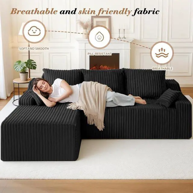 Alt view image 3 of 7 - 94" L-Shape Modular Sectional Sofa Couch for Living Room, No Assembly Required, Boneless Couch with Deep Seat for Living Room Bedroom, No Assembly Required (Black,Left)