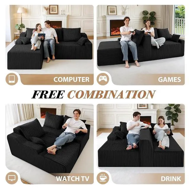 Alt view image 5 of 7 - 94" L-Shape Modular Sectional Sofa Couch for Living Room, No Assembly Required, Boneless Couch with Deep Seat for Living Room Bedroom, No Assembly Required (Black,Left)