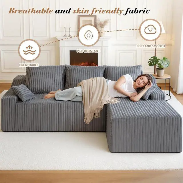 Alt view image 3 of 7 - 94" L-Shape Modular Sectional Sofa Couch for Living Room, No Assembly Required, Boneless Couch with Deep Seat for Living Room Bedroom, No Assembly Required (Grey,Right)