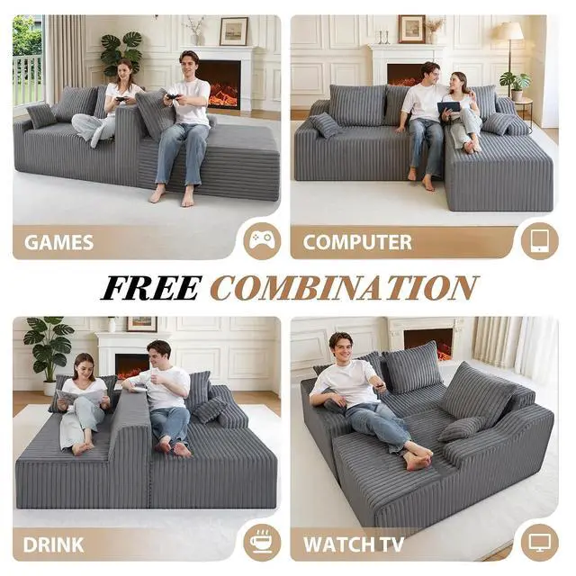 Alt view image 5 of 7 - 94" L-Shape Modular Sectional Sofa Couch for Living Room, No Assembly Required, Boneless Couch with Deep Seat for Living Room Bedroom, No Assembly Required (Grey,Right)
