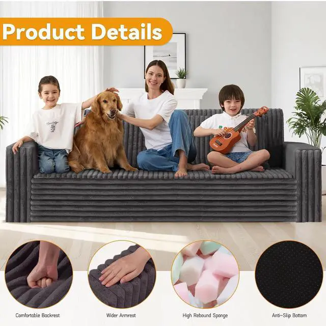 Alt view image 4 of 7 - 78" Loveseat Boneless Couch, 4-in-1 Convertible Sofa Bed, Plush Fur Folding Futon Sofa Bed Couches with 2 Pillows for Living Room, High-Density Foam Support, No Assembly Required, Grey