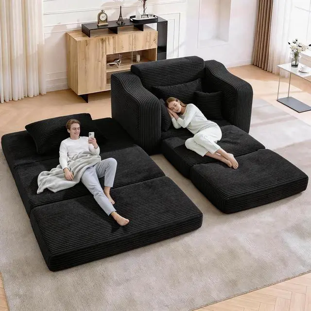 Alt view image 5 of 7 - 63.5" Oversized Chaise Lounge Chair Indoor, Convertible Boneless Sofa Bed with Ottoman, Comfy Cloud Couch with 3 Pillows, Corduroy Deep Seat Sleeper Chair for Living Room, No Assembly, Black