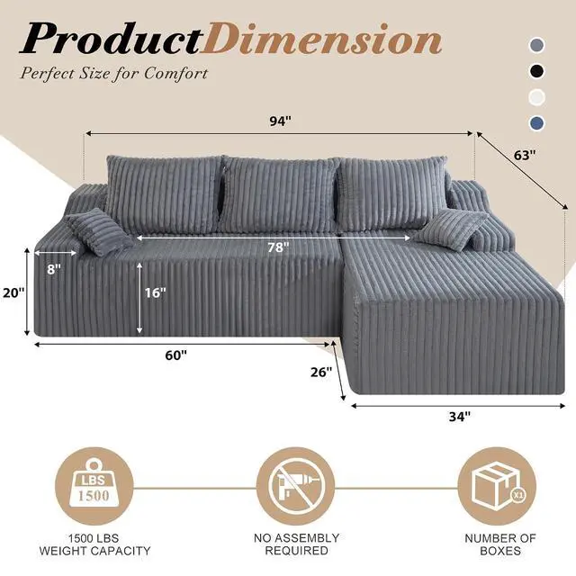 Alt view image 2 of 7 - 94" L-Shape Modular Sectional Sofa Couch for Living Room, No Assembly Required, Boneless Couch with Deep Seat for Living Room Bedroom, No Assembly Required (Grey,Right)