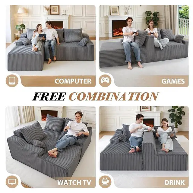 Alt view image 5 of 7 - 94" L-Shape Modular Sectional Sofa Couch for Living Room, No Assembly Required, Boneless Couch with Deep Seat for Living Room Bedroom, No Assembly Required (Grey,Left)