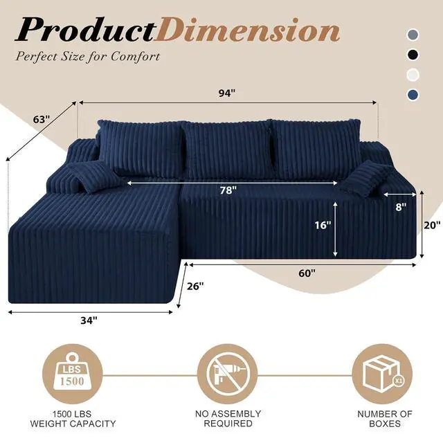 Alt view image 2 of 7 - 94" L-Shape Modular Sectional Sofa Couch for Living Room, No Assembly Required, Boneless Couch with Deep Seat for Living Room Bedroom, No Assembly Required (Bule,Left)
