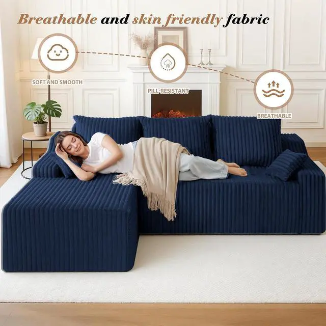 Alt view image 3 of 7 - 94" L-Shape Modular Sectional Sofa Couch for Living Room, No Assembly Required, Boneless Couch with Deep Seat for Living Room Bedroom, No Assembly Required (Bule,Left)