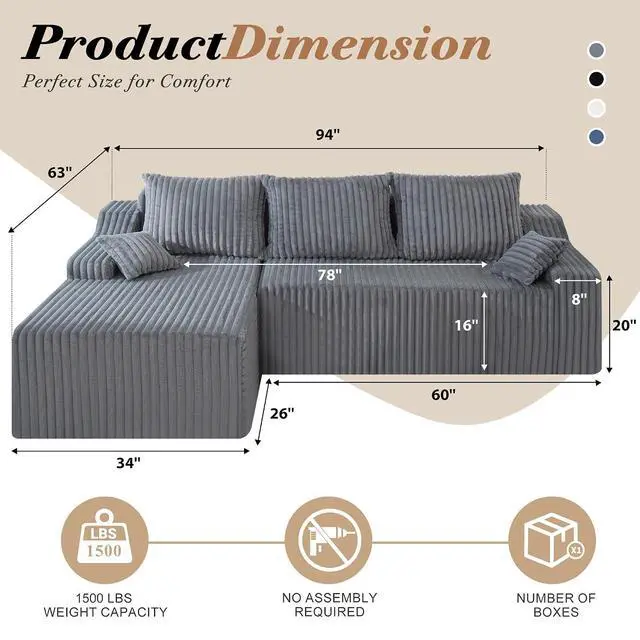 Alt view image 2 of 7 - 94" L-Shape Modular Sectional Sofa Couch for Living Room, No Assembly Required, Boneless Couch with Deep Seat for Living Room Bedroom, No Assembly Required (Grey,Left)