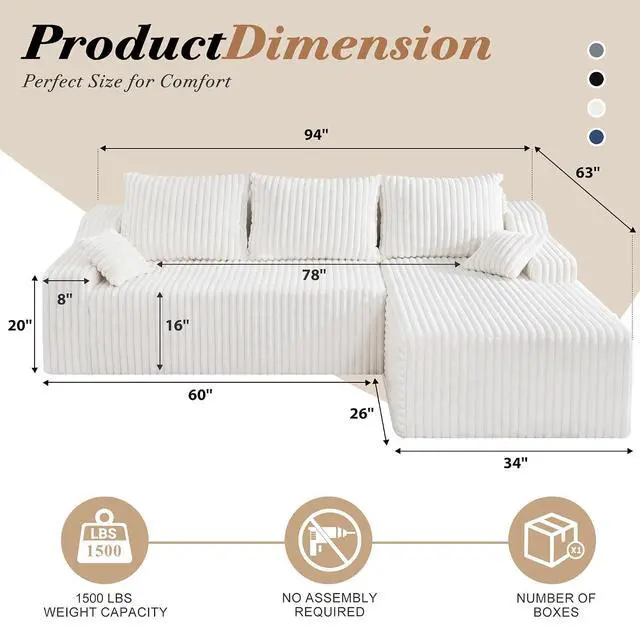 Alt view image 2 of 7 - 94" L-Shape Modular Sectional Sofa Couch for Living Room, No Assembly Required, Boneless Couch with Deep Seat for Living Room Bedroom, No Assembly Required (Beige,Right)
