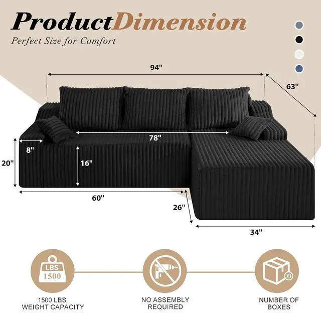 Alt view image 2 of 7 - 94" L-Shape Modular Sectional Sofa Couch for Living Room, No Assembly Required, Boneless Couch with Deep Seat for Living Room Bedroom, No Assembly Required (Black,Right)