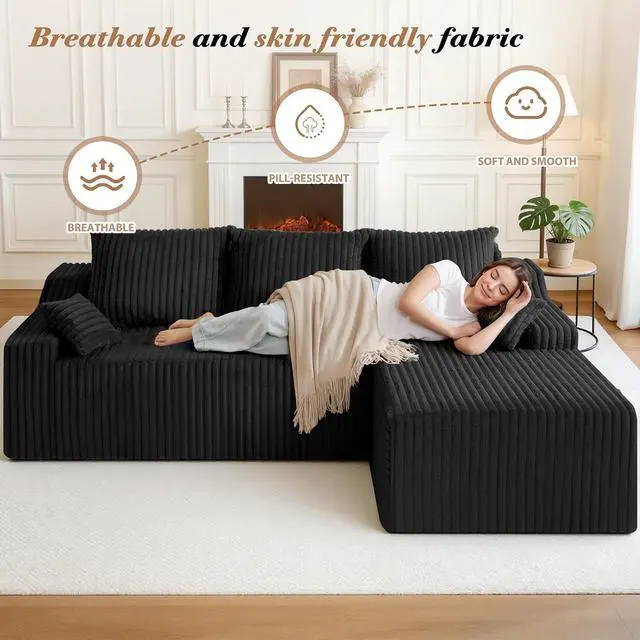 Alt view image 3 of 7 - 94" L-Shape Modular Sectional Sofa Couch for Living Room, No Assembly Required, Boneless Couch with Deep Seat for Living Room Bedroom, No Assembly Required (Black,Right)