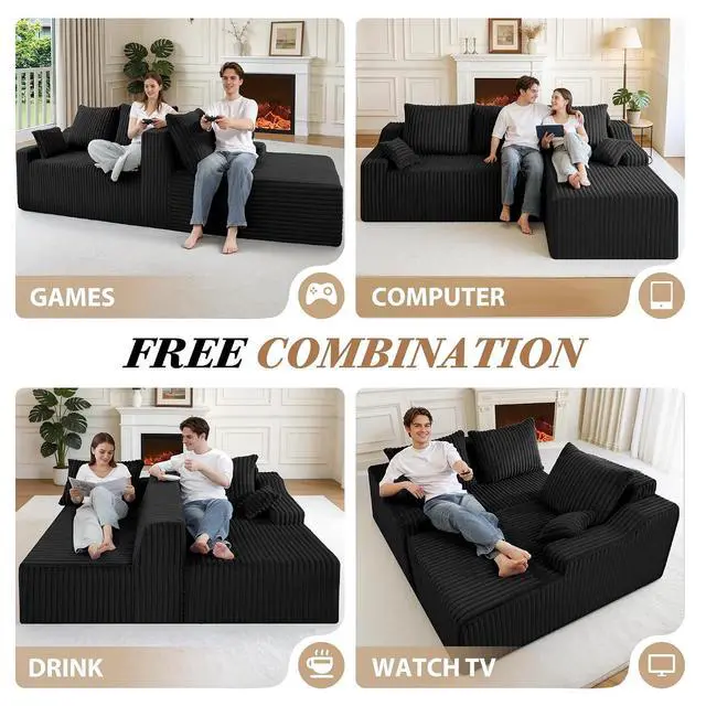 Alt view image 5 of 7 - 94" L-Shape Modular Sectional Sofa Couch for Living Room, No Assembly Required, Boneless Couch with Deep Seat for Living Room Bedroom, No Assembly Required (Black,Right)