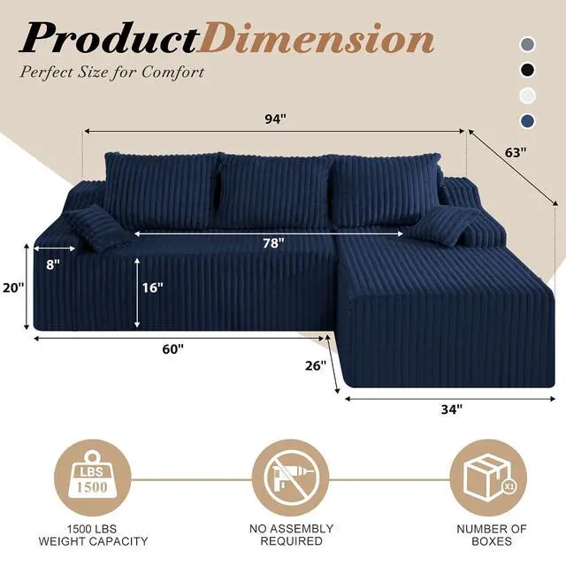 Alt view image 2 of 7 - 94" L-Shape Modular Sectional Sofa Couch for Living Room, No Assembly Required, Boneless Couch with Deep Seat for Living Room Bedroom, No Assembly Required (Bule,Right)
