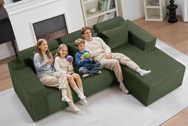 Alt view image 5 of 7 - Sectional Couches for Living Room,No Assembly L Shaped Couch 105" Modular Sectional Sofa Couch with Deep Seat,Cloud Couches Furniture Sets for Apartment,Corduroy (Green, Right Facing)