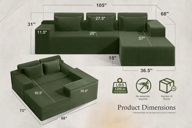 Alt view image 2 of 7 - Sectional Couches for Living Room,No Assembly L Shaped Couch 105" Modular Sectional Sofa Couch with Deep Seat,Cloud Couches Furniture Sets for Apartment,Corduroy (Green, Right Facing)