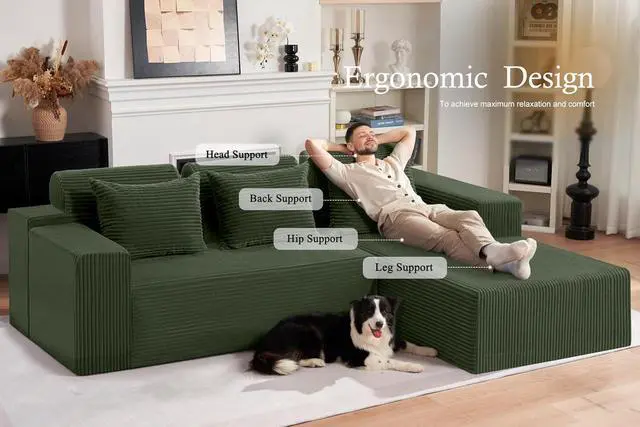 Alt view image 3 of 7 - Sectional Couches for Living Room,No Assembly L Shaped Couch 105" Modular Sectional Sofa Couch with Deep Seat,Cloud Couches Furniture Sets for Apartment,Corduroy (Green, Right Facing)