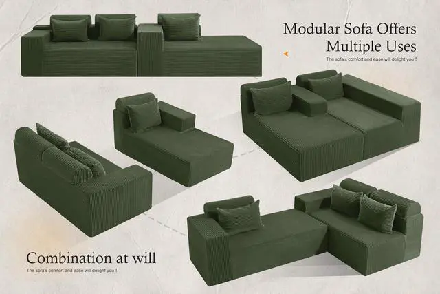 Alt view image 6 of 7 - Sectional Couches for Living Room,No Assembly L Shaped Couch 105" Modular Sectional Sofa Couch with Deep Seat,Cloud Couches Furniture Sets for Apartment,Corduroy (Green, Right Facing)