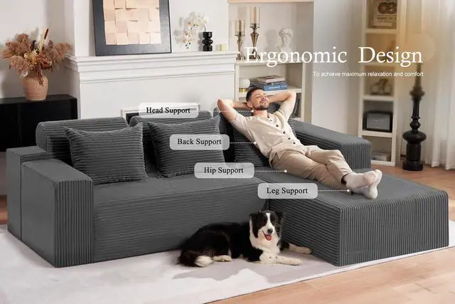 Alt view image 3 of 7 - Sectional Couches for Living Room,No Assembly L Shaped Couch 105" Modular Sectional Sofa Couch with Deep Seat,Cloud Couches Furniture Sets for Apartment,Corduroy (Dark Grey, Right Facing)