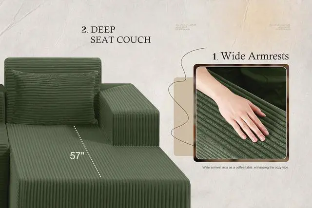 Alt view image 7 of 7 - Sectional Couches for Living Room,No Assembly L Shaped Couch 105" Modular Sectional Sofa Couch with Deep Seat,Cloud Couches Furniture Sets for Apartment,Corduroy (Green, Right Facing)