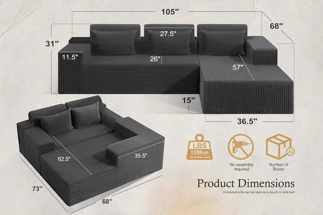 Alt view image 2 of 7 - Sectional Couches for Living Room,No Assembly L Shaped Couch 105" Modular Sectional Sofa Couch with Deep Seat,Cloud Couches Furniture Sets for Apartment,Corduroy (Dark Grey, Right Facing)