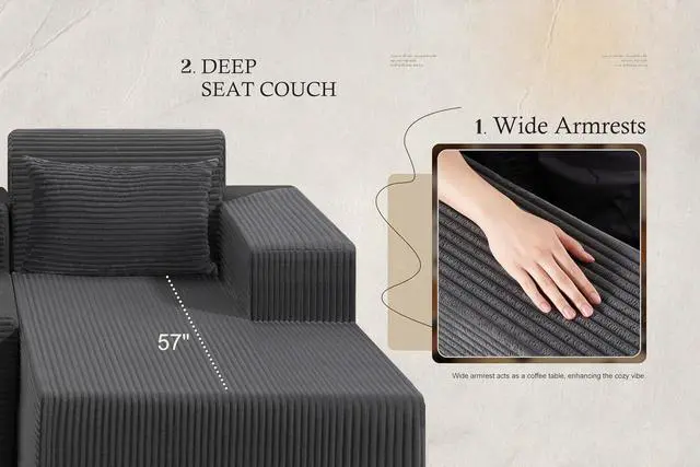 Alt view image 7 of 7 - Sectional Couches for Living Room,No Assembly L Shaped Couch 105" Modular Sectional Sofa Couch with Deep Seat,Cloud Couches Furniture Sets for Apartment,Corduroy (Dark Grey, Right Facing)