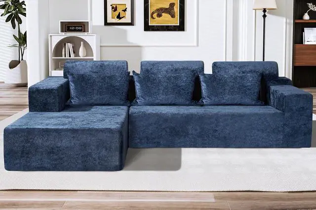 Main image of 105" L-Shape Modular Sectional Sofa Couch for Living Room,No Assembly Required,Modular Comfy Sofa with Deep Seat for Living Room Bedroom,Luxury Distressed Velvet(Left,Blue)