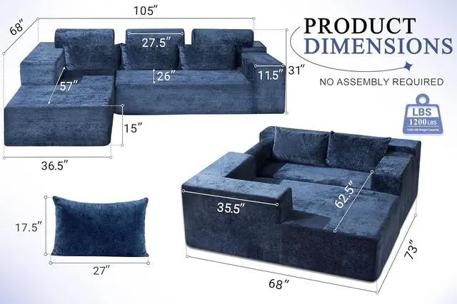 Alt view image 2 of 7 - 105" L-Shape Modular Sectional Sofa Couch for Living Room,No Assembly Required,Modular Comfy Sofa with Deep Seat for Living Room Bedroom,Luxury Distressed Velvet(Left,Blue)