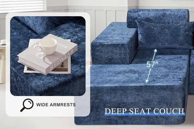 Alt view image 5 of 7 - 105" L-Shape Modular Sectional Sofa Couch for Living Room,No Assembly Required,Modular Comfy Sofa with Deep Seat for Living Room Bedroom,Luxury Distressed Velvet(Left,Blue)
