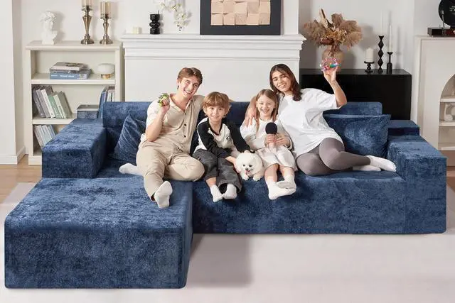Alt view image 6 of 7 - 105" L-Shape Modular Sectional Sofa Couch for Living Room,No Assembly Required,Modular Comfy Sofa with Deep Seat for Living Room Bedroom,Luxury Distressed Velvet(Left,Blue)