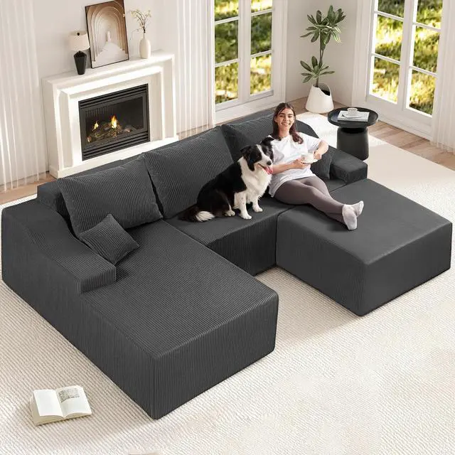 Main image of 94 U Shaped Modular Sectional Couch for Living Room, Modular Cloud Sofa with Ottoman, No Assembly Boneless Couches with Deep Seat, Corduroy Fabric (Grey, Left Facing)