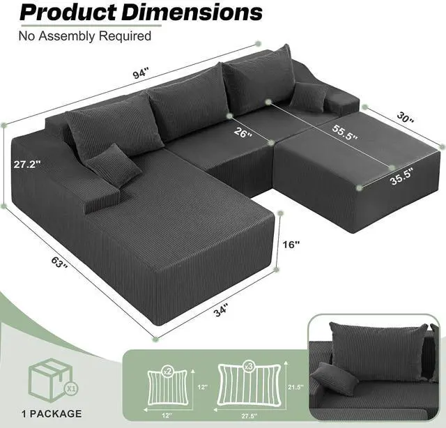 Alt view image 2 of 7 - 94 U Shaped Modular Sectional Couch for Living Room, Modular Cloud Sofa with Ottoman, No Assembly Boneless Couches with Deep Seat, Corduroy Fabric (Grey, Left Facing)