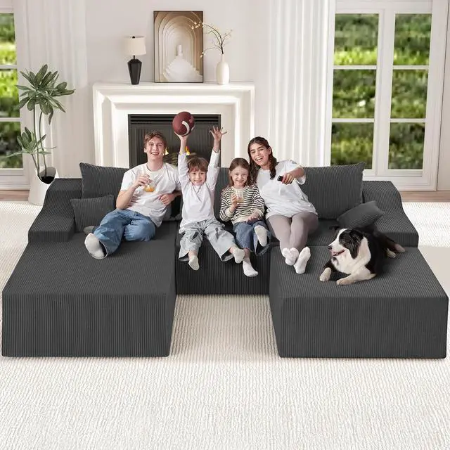Alt view image 3 of 7 - 94 U Shaped Modular Sectional Couch for Living Room, Modular Cloud Sofa with Ottoman, No Assembly Boneless Couches with Deep Seat, Corduroy Fabric (Grey, Left Facing)