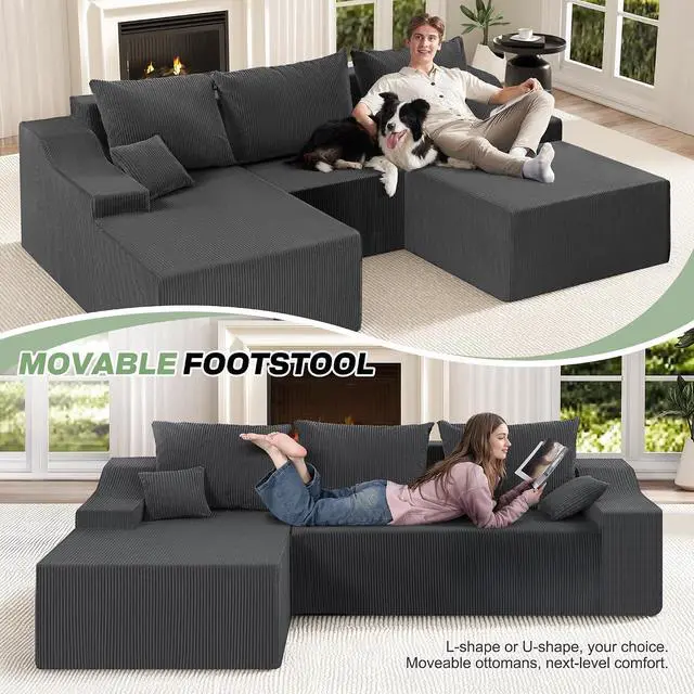 Alt view image 4 of 7 - 94 U Shaped Modular Sectional Couch for Living Room, Modular Cloud Sofa with Ottoman, No Assembly Boneless Couches with Deep Seat, Corduroy Fabric (Grey, Left Facing)