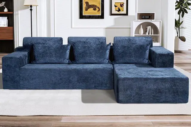 Main image of 105" L-Shape Modular Sectional Sofa Couch for Living Room,No Assembly Required,Modular Comfy Sofa with Deep Seat for Living Room Bedroom,Luxury Distressed Velvet(Right,Blue)