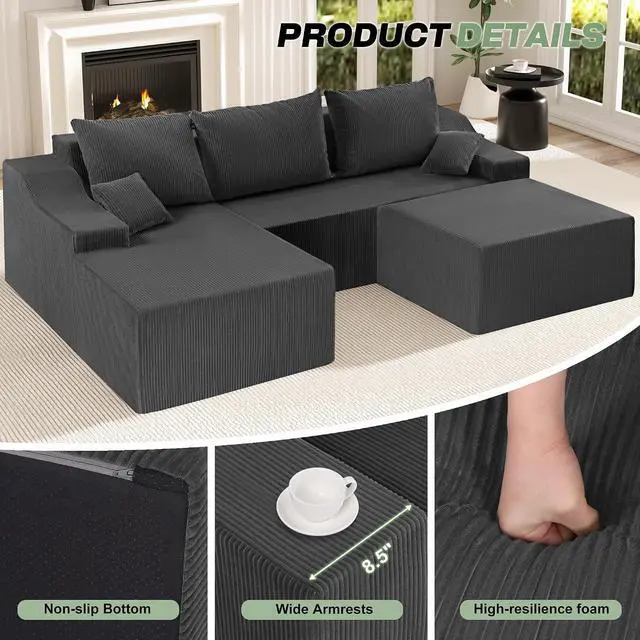 Alt view image 5 of 7 - 94 U Shaped Modular Sectional Couch for Living Room, Modular Cloud Sofa with Ottoman, No Assembly Boneless Couches with Deep Seat, Corduroy Fabric (Grey, Left Facing)