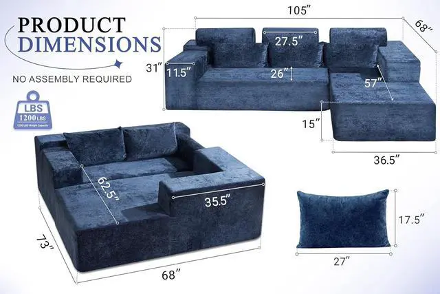 Alt view image 2 of 7 - 105" L-Shape Modular Sectional Sofa Couch for Living Room,No Assembly Required,Modular Comfy Sofa with Deep Seat for Living Room Bedroom,Luxury Distressed Velvet(Right,Blue)