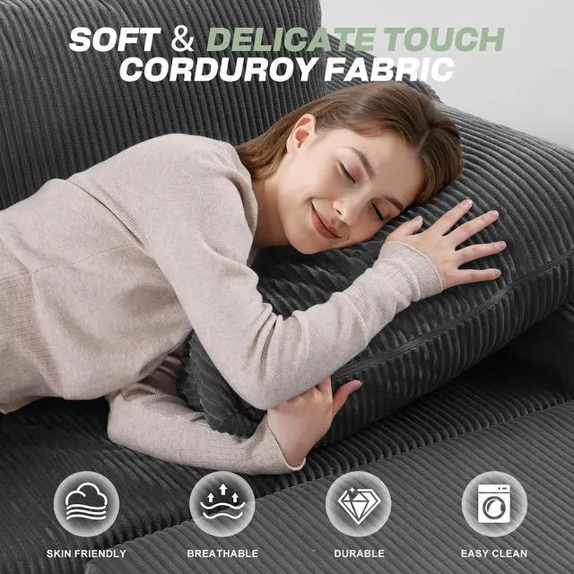 Alt view image 6 of 7 - 94 U Shaped Modular Sectional Couch for Living Room, Modular Cloud Sofa with Ottoman, No Assembly Boneless Couches with Deep Seat, Corduroy Fabric (Grey, Left Facing)