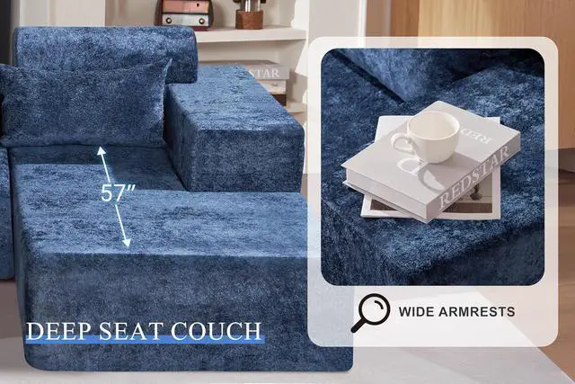 Alt view image 5 of 7 - 105" L-Shape Modular Sectional Sofa Couch for Living Room,No Assembly Required,Modular Comfy Sofa with Deep Seat for Living Room Bedroom,Luxury Distressed Velvet(Right,Blue)