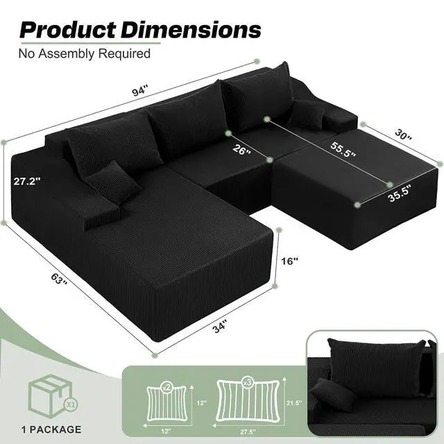 Alt view image 2 of 7 - 94 U Shaped Modular Sectional Couch for Living Room, Modular Cloud Sofa with Ottoman, No Assembly Boneless Couches with Deep Seat, Corduroy Fabric (Black, Left Facing)