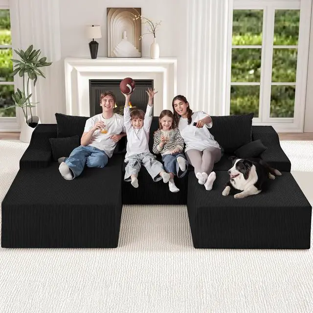 Alt view image 3 of 7 - 94 U Shaped Modular Sectional Couch for Living Room, Modular Cloud Sofa with Ottoman, No Assembly Boneless Couches with Deep Seat, Corduroy Fabric (Black, Left Facing)