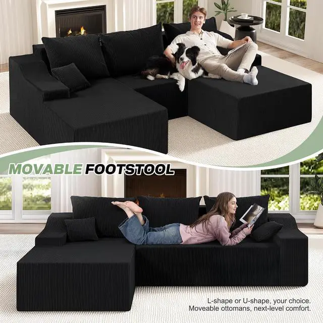 Alt view image 4 of 7 - 94 U Shaped Modular Sectional Couch for Living Room, Modular Cloud Sofa with Ottoman, No Assembly Boneless Couches with Deep Seat, Corduroy Fabric (Black, Left Facing)
