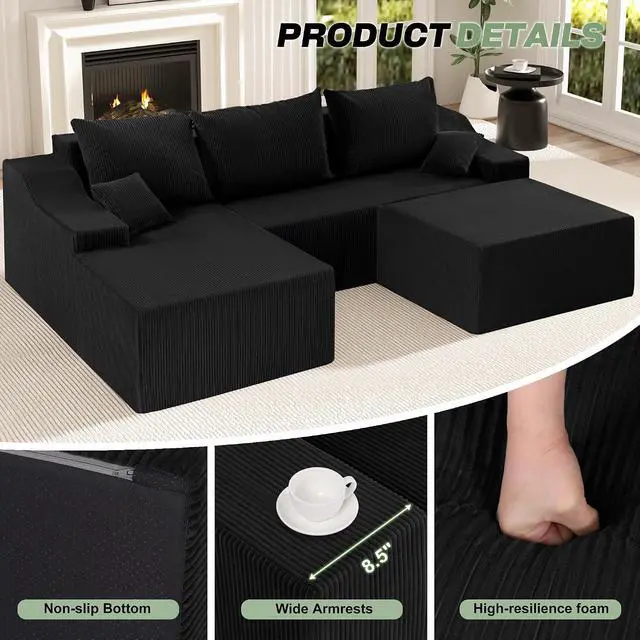 Alt view image 5 of 7 - 94 U Shaped Modular Sectional Couch for Living Room, Modular Cloud Sofa with Ottoman, No Assembly Boneless Couches with Deep Seat, Corduroy Fabric (Black, Left Facing)